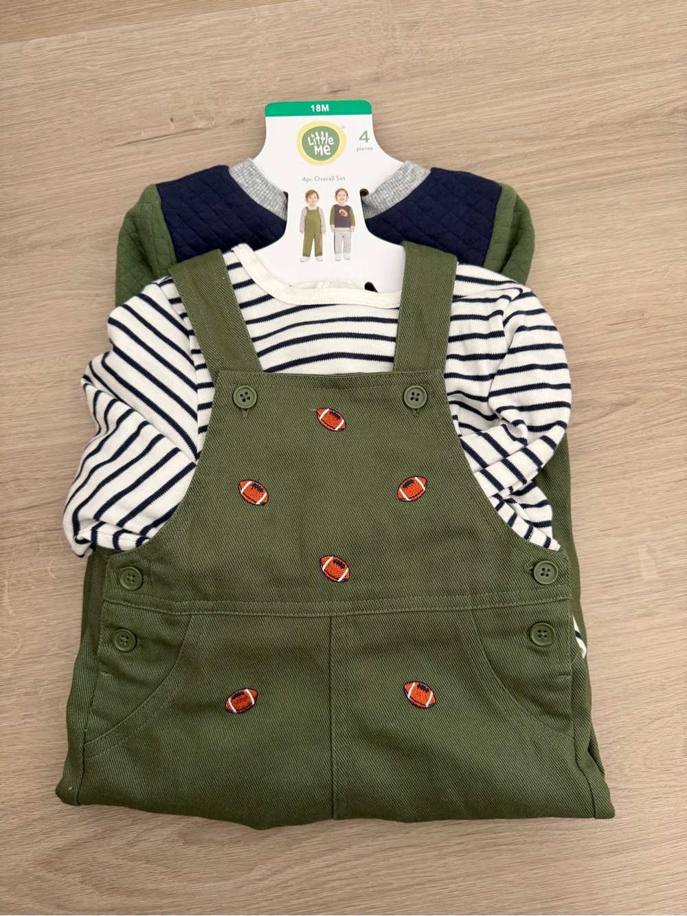 New 18m 4 Pc Little Me Overall Sweatshirt Sweatpants Set Football Baby Toddler